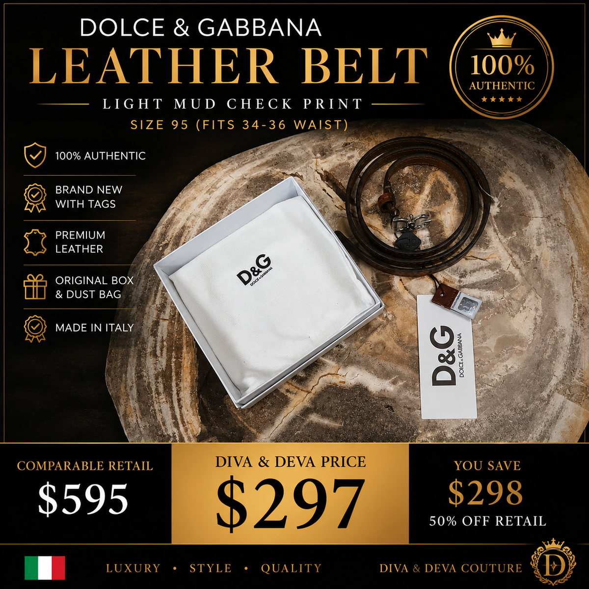 Dolce & Gabbana Light Mud Check Print Leather Belt – Size 95 – Made in Italy – New with Tags