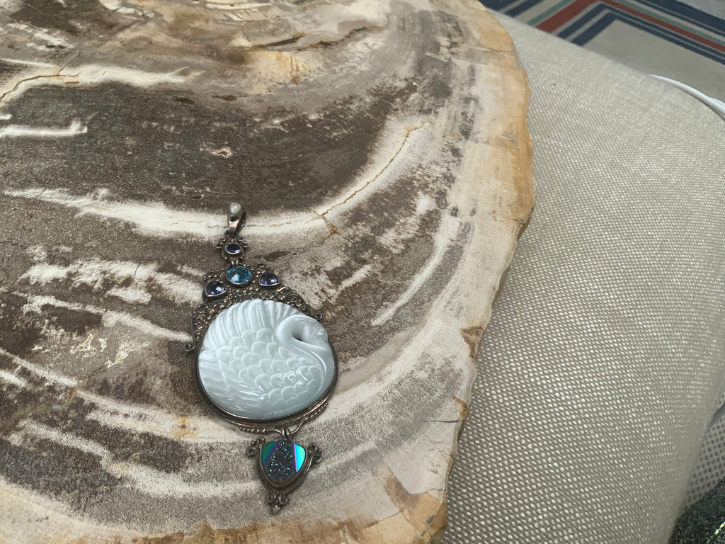 One-of-a-Kind Artisan Swan Pendant – Hand-Carved Mother of Pearl, Sterling Silver & Natural Gemstones