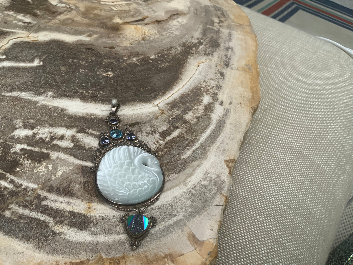One-of-a-Kind Artisan Swan Pendant – Hand-Carved Mother of Pearl, Sterling Silver & Natural Gemstones