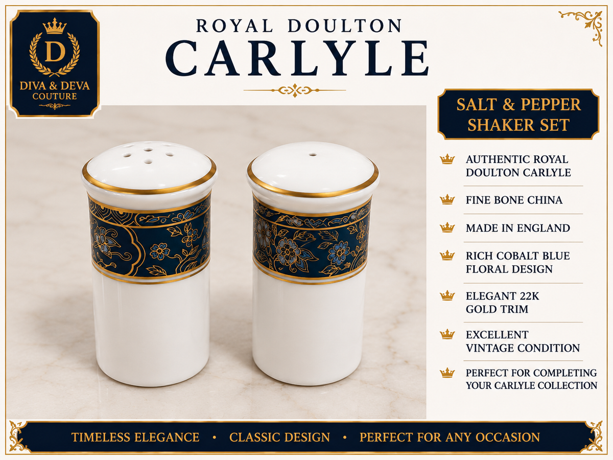 Royal Doulton Carlyle Salt & Pepper Shaker Set – Fine Bone China – Cobalt Blue & 22K Gold Trim – Made in England