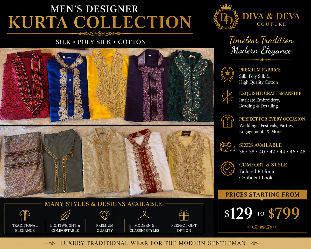 Men’s Designer Kurta Collection – Silk, Poly Silk & Cotton | Sizes 36–48