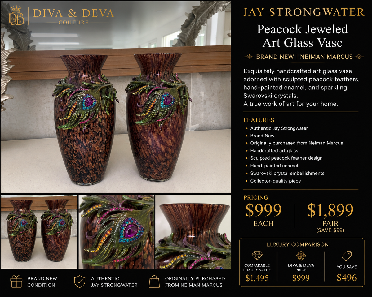Jay Strongwater Peacock Jeweled Art Glass Vase – Handcrafted Swarovski Crystal Accent – Brand New