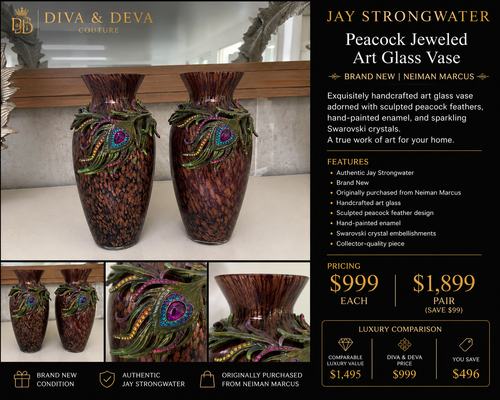Jay Strongwater Peacock Jeweled Art Glass Vase – Handcrafted Swarovski Crystal Accent – Brand New