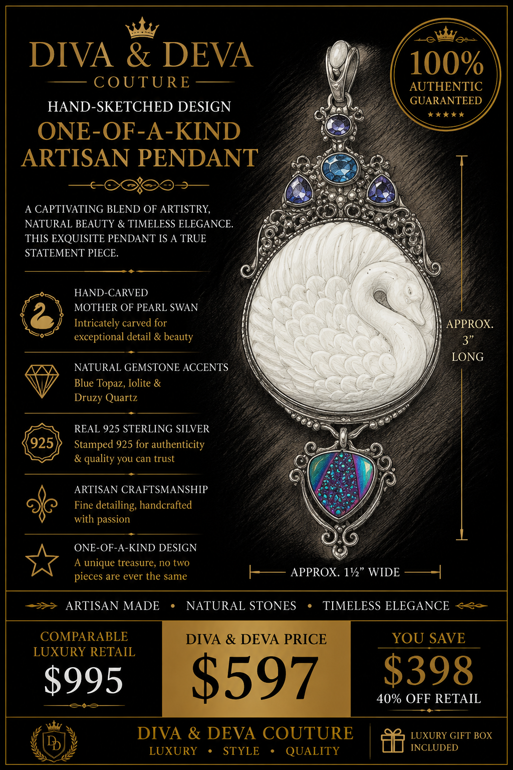 One-of-a-Kind Artisan Swan Pendant – Hand-Carved Mother of Pearl, Sterling Silver & Natural Gemstones