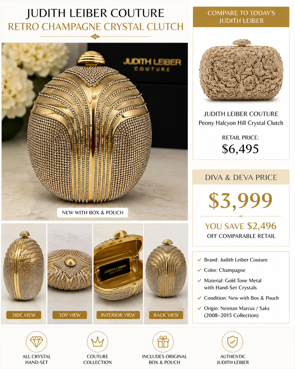 Judith Leiber Couture Retro Champagne Crystal Clutch