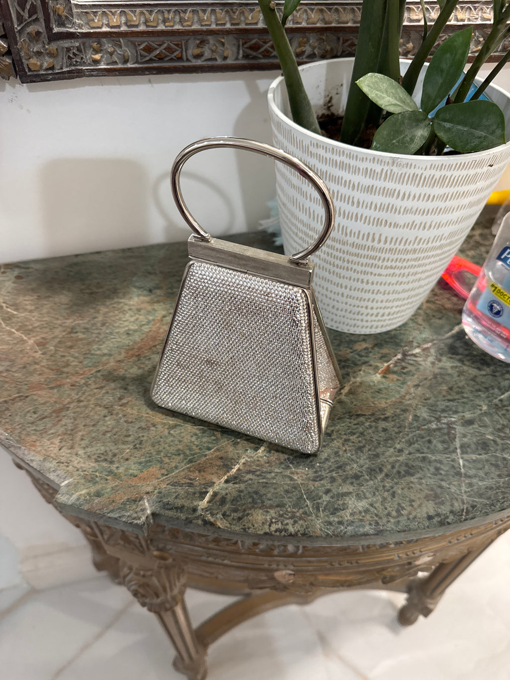 Judith Leiber Couture Silver Ring Handle Crystal Bag