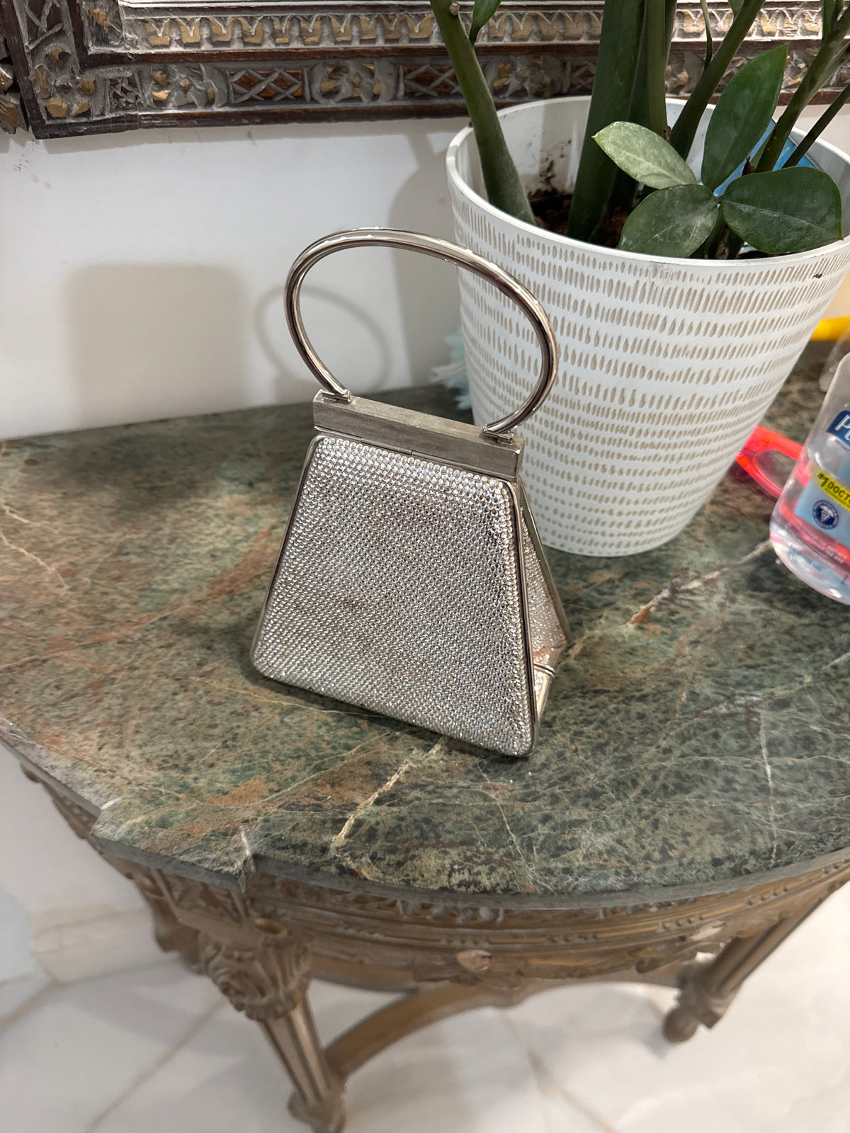 Judith Leiber Couture Silver Ring Handle Crystal Bag