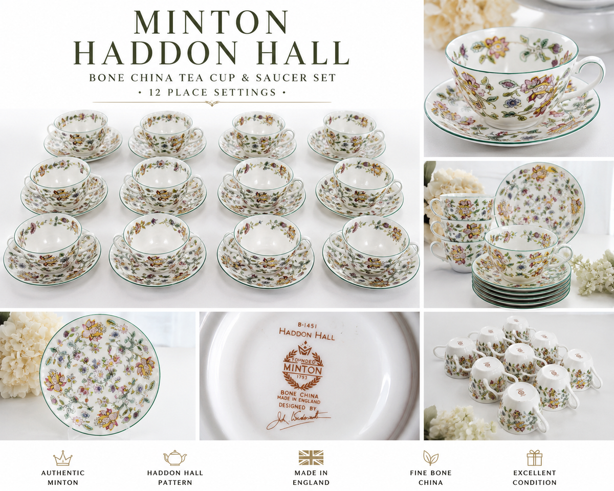 Minton Haddon Hall Fine Bone China Tea Cups & Saucers Set of 12 – Made in England