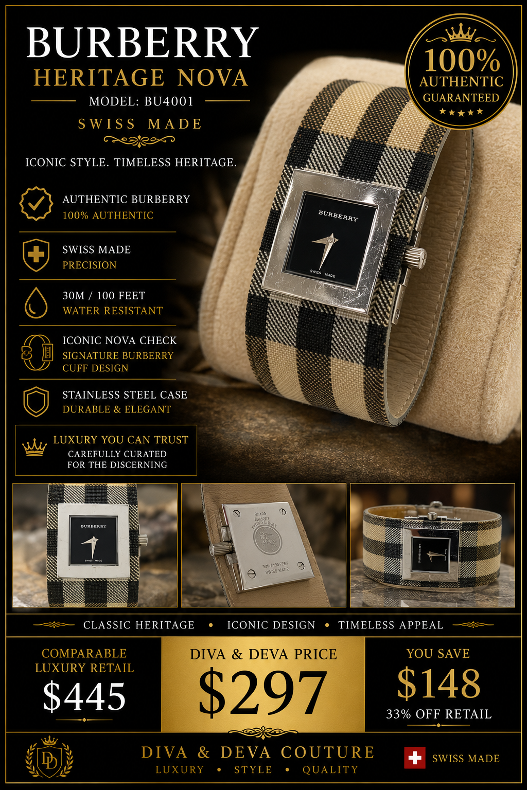 Burberry Heritage Nova Check Swiss Made Watch BU4001 – Authentic