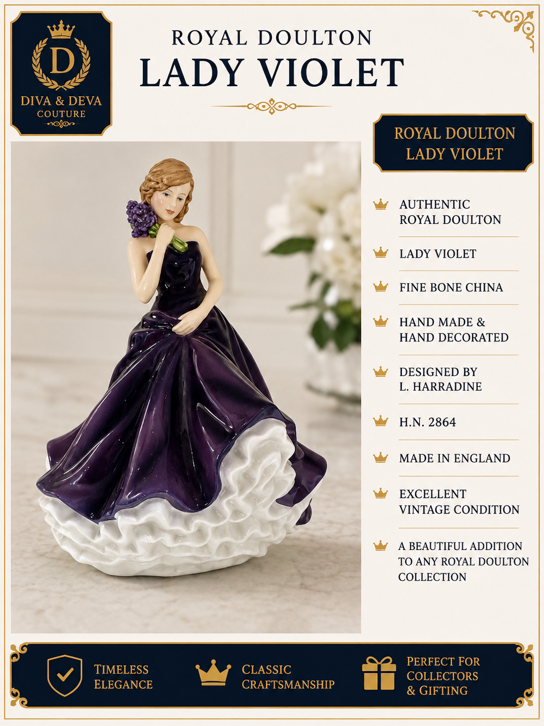 Royal Doulton Pretty Lady Lilac Bouquet Figurine – Fine Bone China – Hand Made & Hand Decorated – Made in England