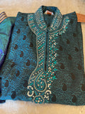 Teal Brocade Kurta with Crystal & Beaded Embroidery