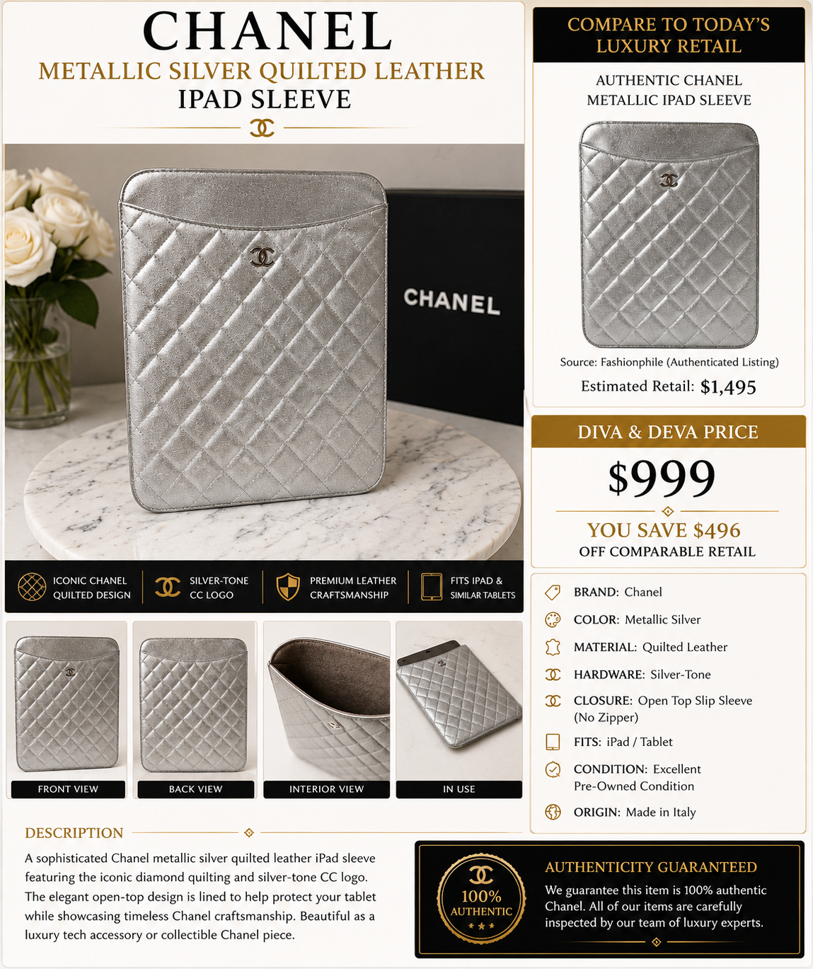 Chanel Silver Quilted Leather iPad Sleeve – CC Logo