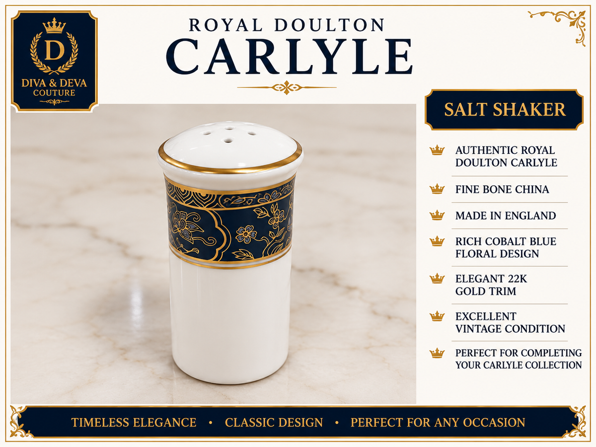 Royal Doulton Carlyle Salt & Pepper Shaker Set – Fine Bone China – Cobalt Blue & 22K Gold Trim – Made in England