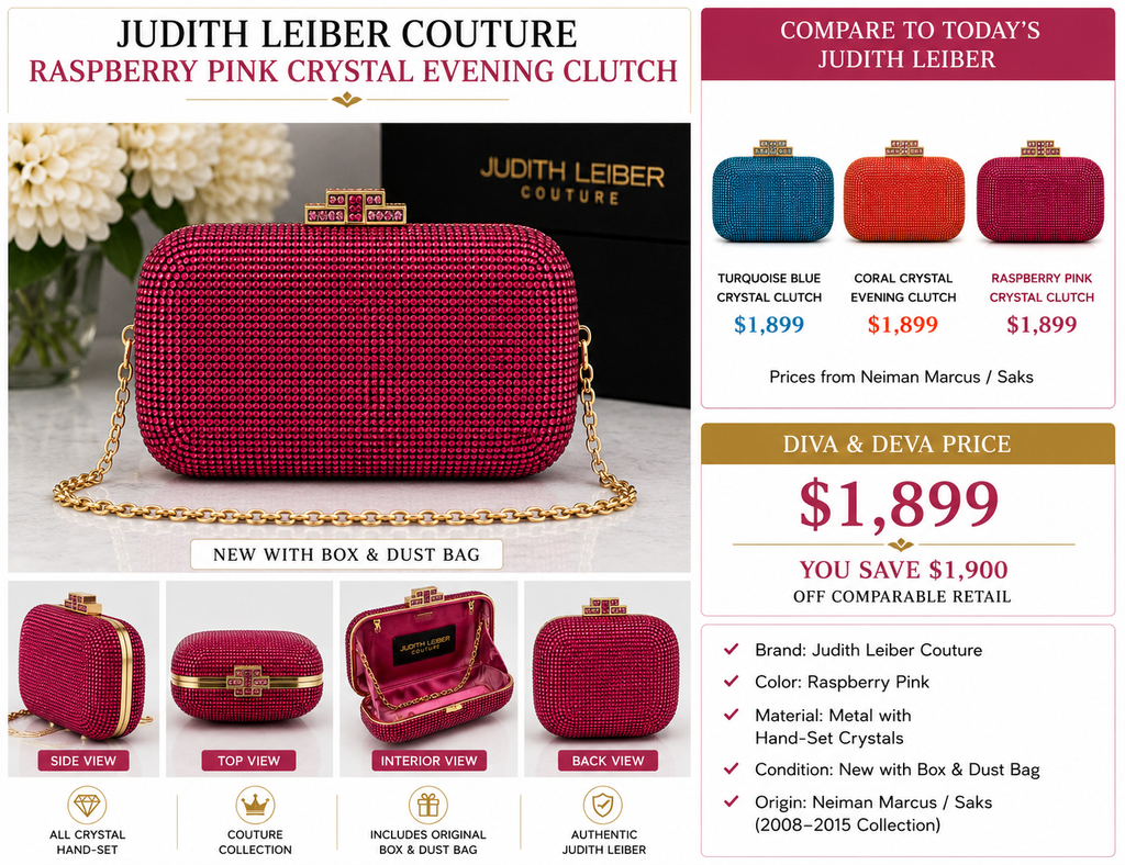 Judith Leiber Couture Raspberry Pink Crystal Evening Clutch – New with Box & Dust Bag