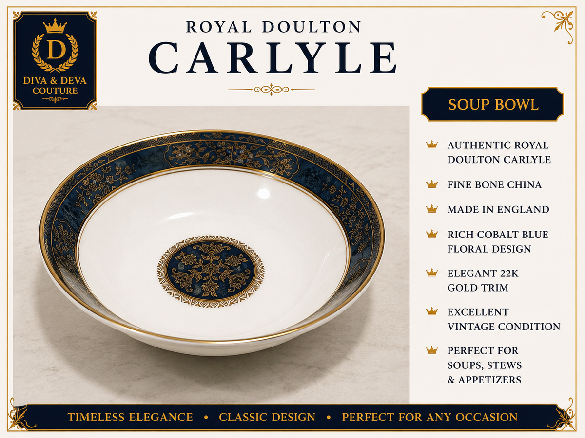 Royal Doulton Carlyle Soup Bowl – Fine Bone China | Cobalt Blue & 22K Gold Trim | Made in England