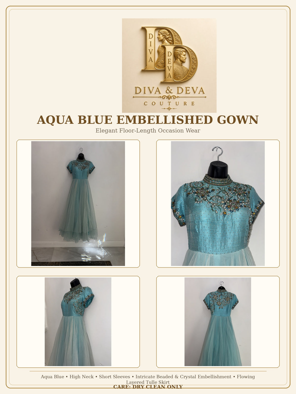 Introducing the Meadow Aqua Embroidered Dress, a pale aqua blue dress with intricate embroidery and subtle sequin detailing. It features a fitted bodice with one-quarter length sleeves and a flowing A-line silhouette. Recommended for parties, receptions, and non-Indian occasions too.